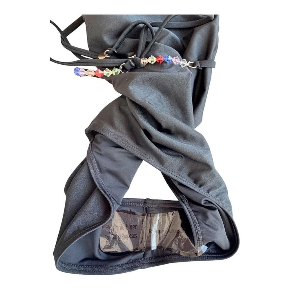 NWT Bebe Black One Piece Swimsuit Multicolor Gemstone Crystal Belt Size M - Picture 8 of 8